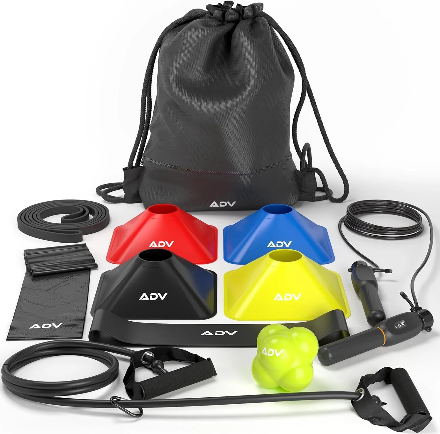 ADV Training Kit V2: Tennis Trainer Equipment for Tennis Training, Practice & Drills  Includes Counting Jump Rope, Resistance Bands, Stretch Bands for Exercise, Tennis Trainer Rebound Ball & Cones