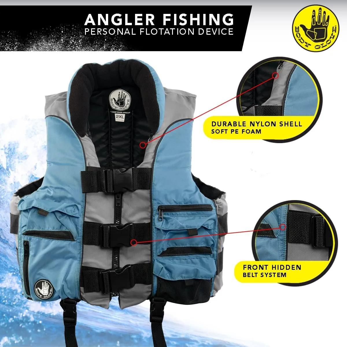 Body Glove Angler Fit Unisex Adult Life Jacket Nylon Fishing Life Jacket - Coast Guard Approved, High Mobility PFD, Lightweight Buoyancy Foam, Universal and Oversize
