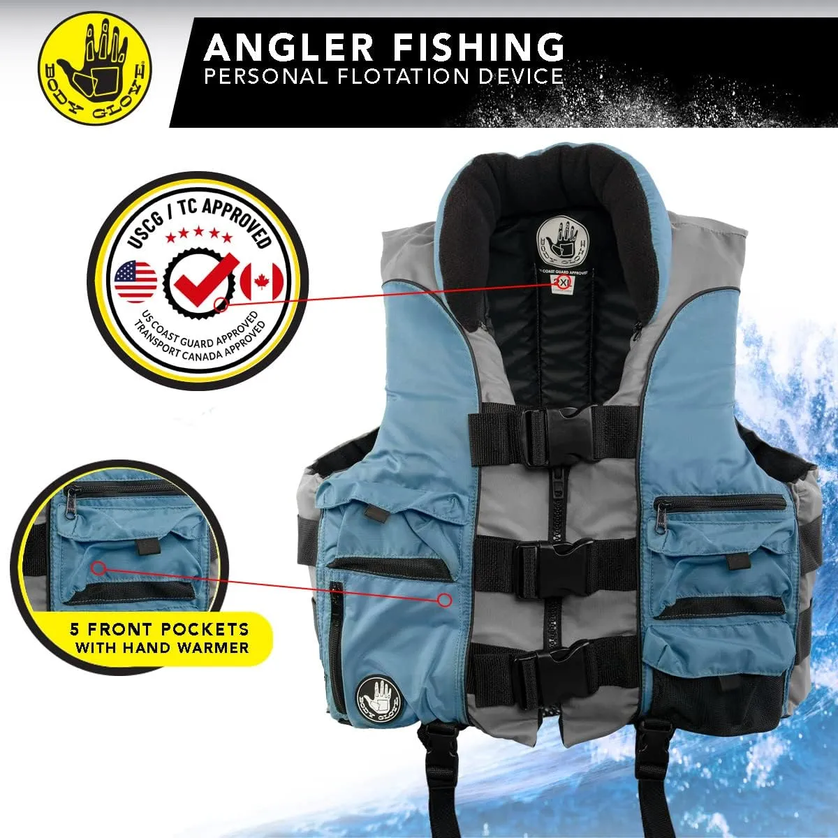 Body Glove Angler Fit Unisex Adult Life Jacket Nylon Fishing Life Jacket - Coast Guard Approved, High Mobility PFD, Lightweight Buoyancy Foam, Universal and Oversize