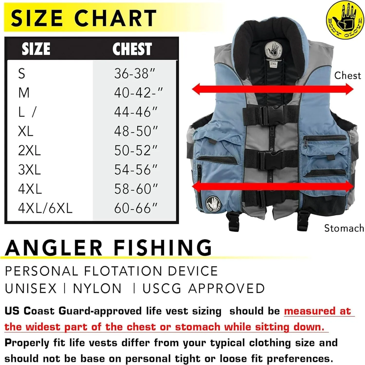 Body Glove Angler Fit Unisex Adult Life Jacket Nylon Fishing Life Jacket - Coast Guard Approved, High Mobility PFD, Lightweight Buoyancy Foam, Universal and Oversize