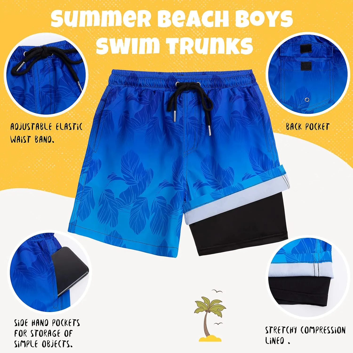 Boys Swim Trunks Bathing Suit Swim Shorts with Boxer Brief Liner Quick Dry Beach Swimsuit Compression