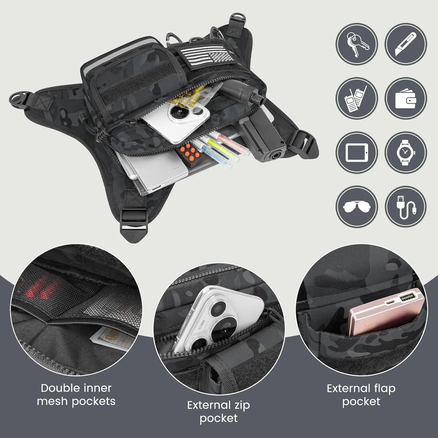 Chest Bag for Men Women, Tactical Vest with Removal Pistol Holster, Chest Pack for Hiking, Cycling, Workouts