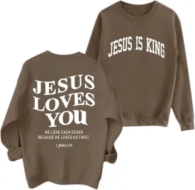 Fleece Christian Sweatshirts Women Jesus Loves You Jesus Is King Hoodie Religious Faith God Shirts Oversized Tops
