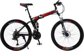 Folding Bike 24 Inch Folding Mountain Bike High-Carbon Steel Foldable Bicycle Full Suspension Bicycle for Adult Double Disc Brake Outroad Mountain Bicycle for Men Women