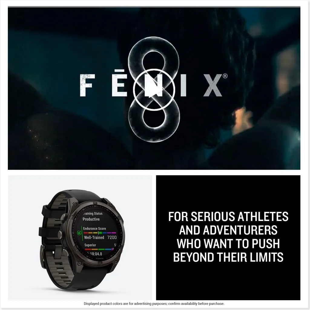 Garmin fnix 8  47 mm, Solar, Sapphire, Premium Multisport GPS Smartwatch, Long-Lasting Battery Life, Dive-Rated, Built-in LED Flashlight, Carbon Gray DLC Titanium with Pebble Gray Band