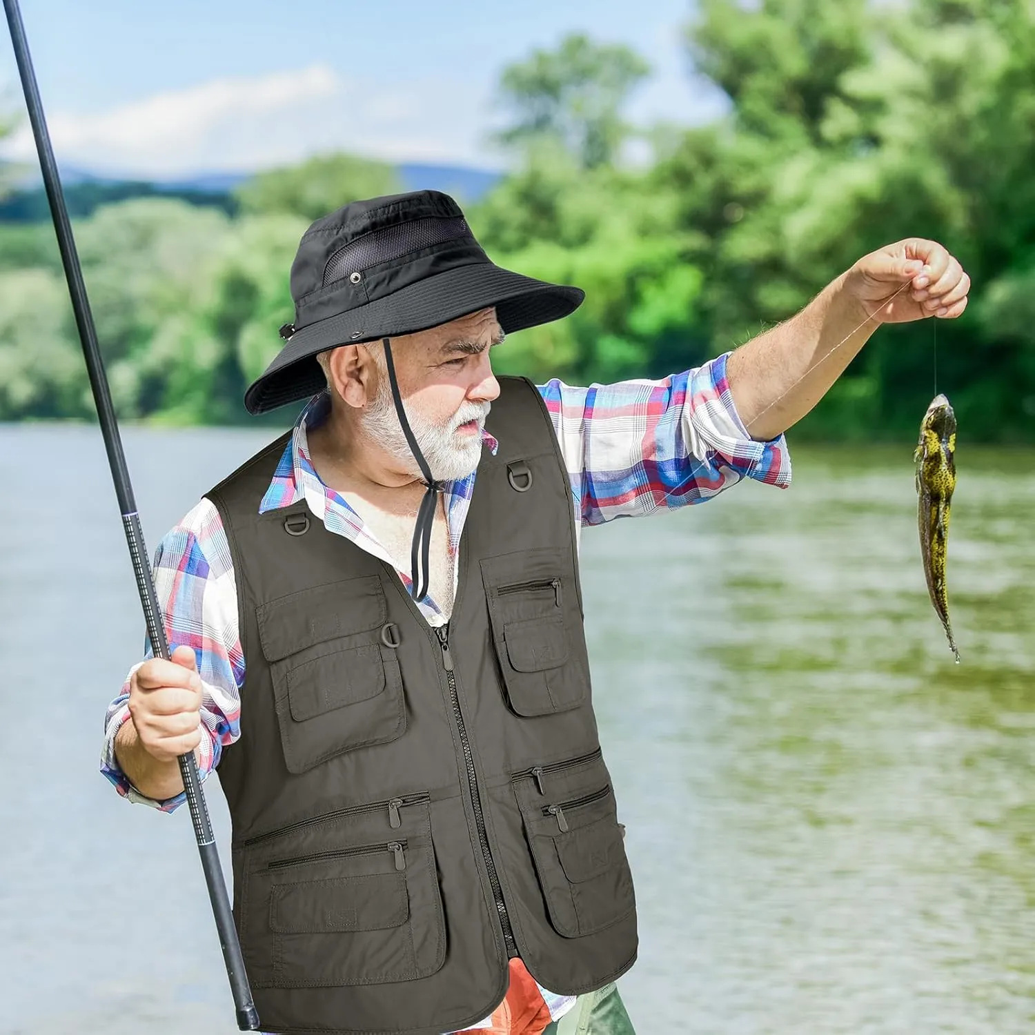 Janmercy 2 Pieces Men's Work Fishing Vest with Hat Lightweight Safari Travel Hunting Waistcoat With Multi Pockets Fishing Hat