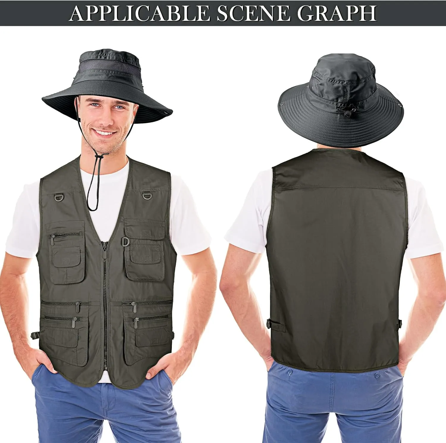 Janmercy 2 Pieces Men's Work Fishing Vest with Hat Lightweight Safari Travel Hunting Waistcoat With Multi Pockets Fishing Hat