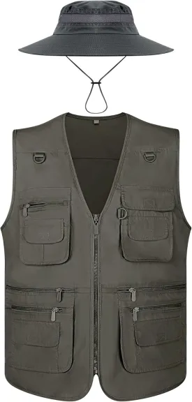 Janmercy 2 Pieces Men's Work Fishing Vest with Hat Lightweight Safari Travel Hunting Waistcoat With Multi Pockets Fishing Hat