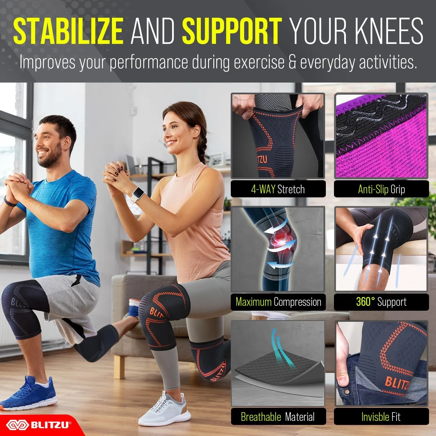 Knee Brace for Women & Men, 2 Pack Compression Knee Brace, Knee Support Sleeve for Pain Relief, Running, Workout, Sports, Knee Braces for ACL, Meniscus Tear, Arthritis, Injury Recovery Beige M