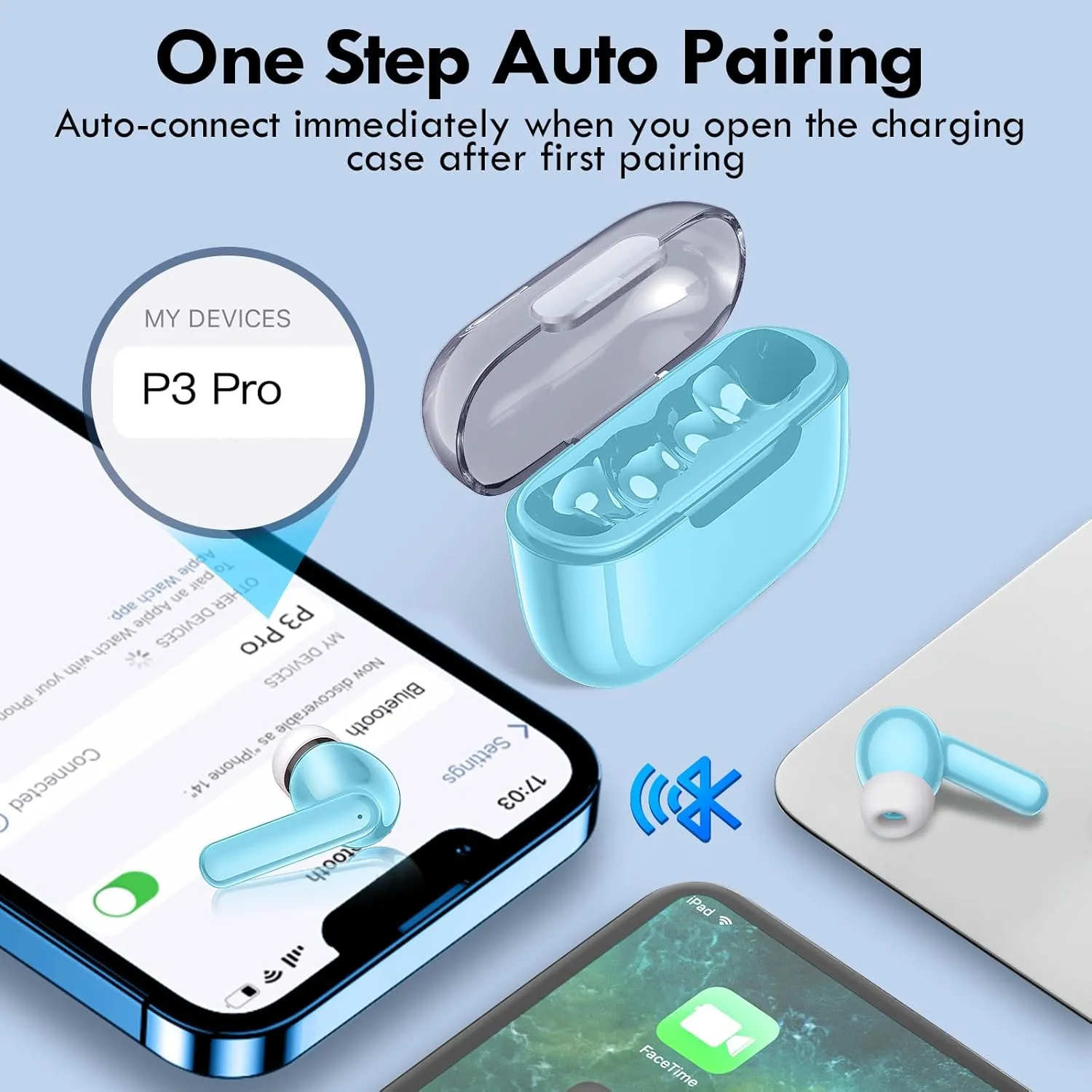 kurdene Wireless Earbuds, Bluetooth 5.3 in Ear Buds Light Weight Headphones with Deep Bass Sound,48 Hours Playtime Headset,Clear Calls Earphones with Mics for Sports Workout Blue