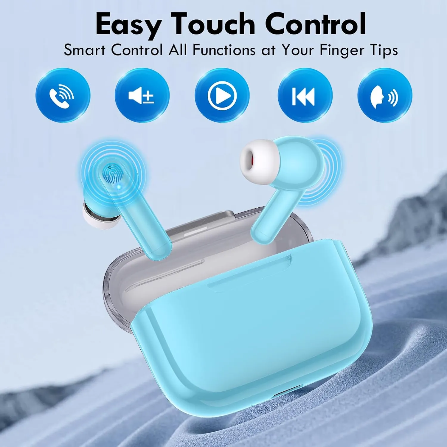 kurdene Wireless Earbuds, Bluetooth 5.3 in Ear Buds Light Weight Headphones with Deep Bass Sound,48 Hours Playtime Headset,Clear Calls Earphones with Mics for Sports Workout Blue