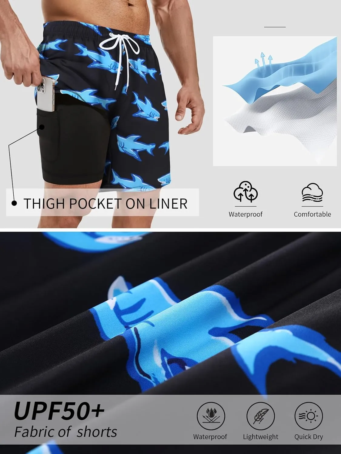 Mens Swim Trunks with Compression Liner 7" Inseam Quick Dry Board Shorts Swim Shorts Bathing Suits