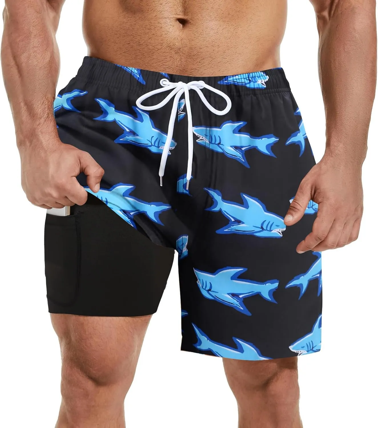 Mens Swim Trunks with Compression Liner 7" Inseam Quick Dry Board Shorts Swim Shorts Bathing Suits