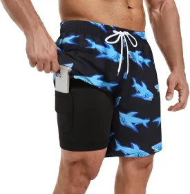 Mens Swim Trunks with Compression Liner 7" Inseam Quick Dry Board Shorts Swim Shorts Bathing Suits