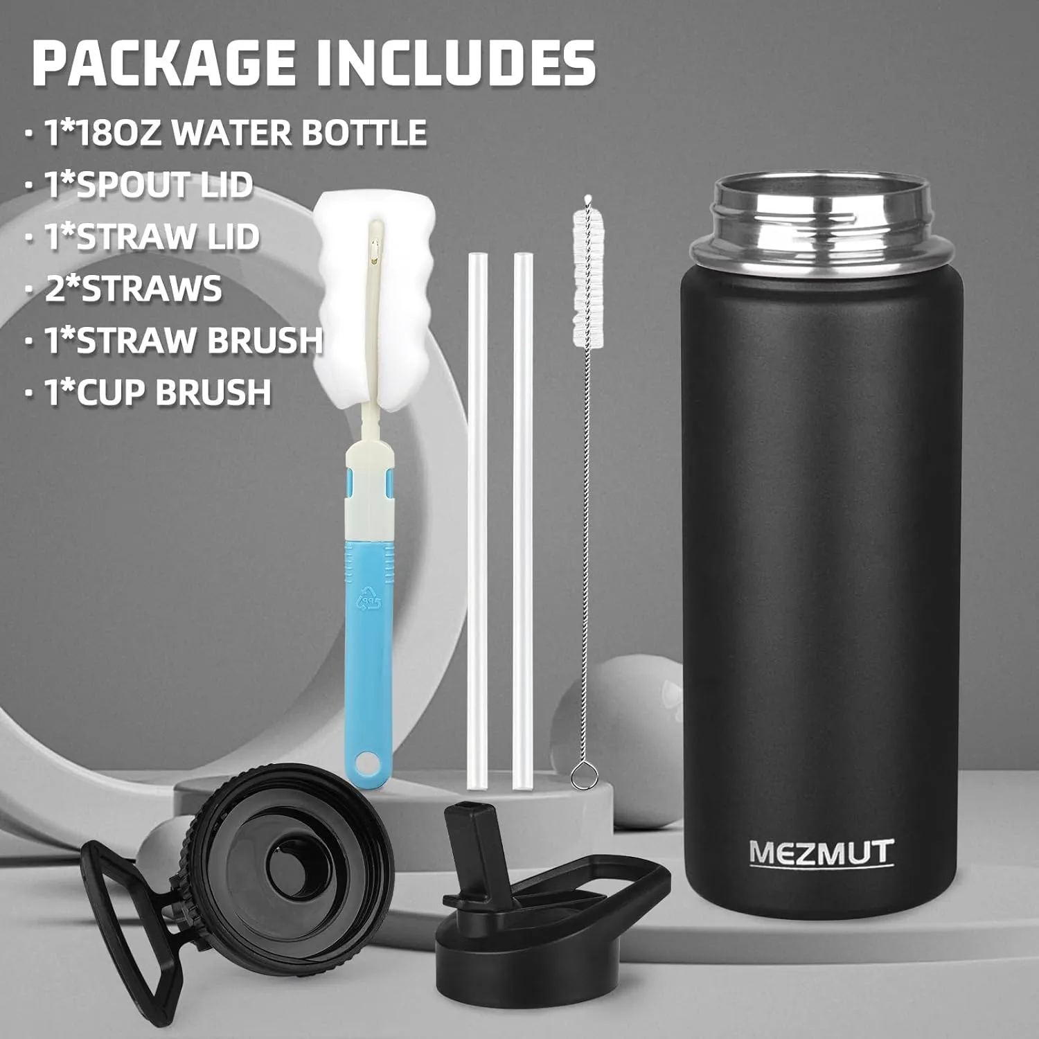 MEZMUT 18oz Insulated Water Bottle with Straw&2 Lids Stainless Steel Water Bottles Kids Sports Metal Thermos Water Bottle Cup for School Vacuum Insulated Bottles Leak-Proof Travel Thermal (Black)