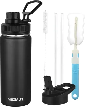 MEZMUT 18oz Insulated Water Bottle with Straw&2 Lids Stainless Steel Water Bottles Kids Sports Metal Thermos Water Bottle Cup for School Vacuum Insulated Bottles Leak-Proof Travel Thermal (Black)