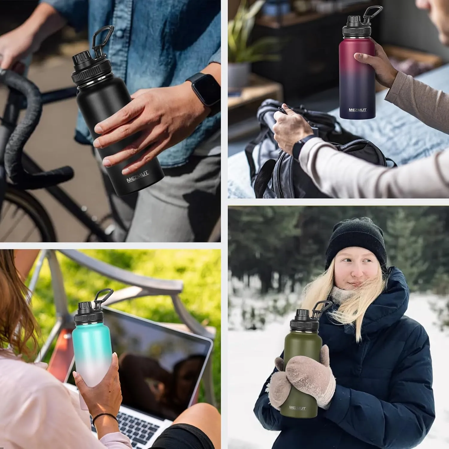 MEZMUT 32oz Insulated Water Bottle with Straw&3 Lids,Stainless Steel Water Bottles Double Wall Metal Thermos Water Bottle Leak-proof Vacuum Insulated Bottles for Sports Camping Hiking Gym School