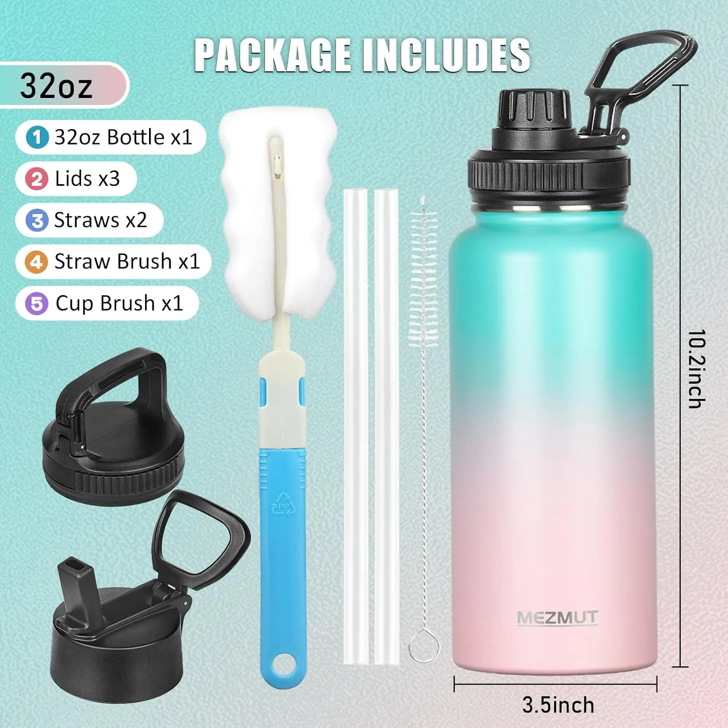 MEZMUT 32oz Insulated Water Bottle with Straw&3 Lids,Stainless Steel Water Bottles Double Wall Metal Thermos Water Bottle Leak-proof Vacuum Insulated Bottles for Sports Camping Hiking Gym School