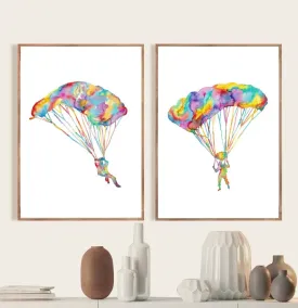 Set of 2 paragliding art watercolor painting print