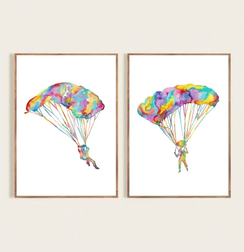 Set of 2 paragliding art watercolor painting print