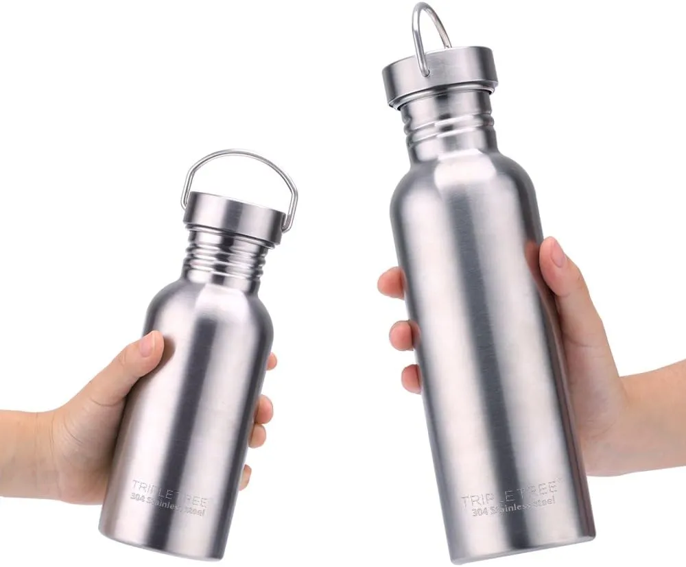 TRIPLE TREE 26 OZ Uninsulated Single Walled Stainless Steel Sports Water Bottle 18/8 Food Grade for Cyclists, Runners, Hikers, Beach Goers, Picnics, Camping - BPA Free