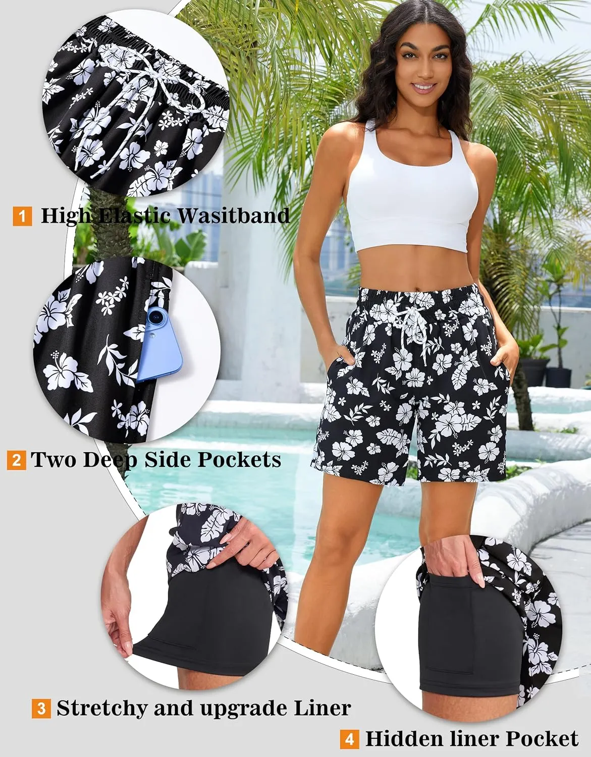 Women's 3''/5''/7'' Swim Board Shorts Quick Dry Beach Shorts with Liner Pockets Swimsuits Bottoms Trunks for Women